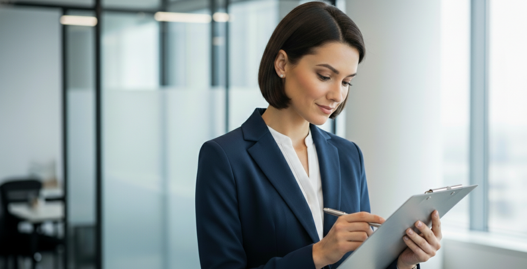 Person with clipboard reviewing AML documents